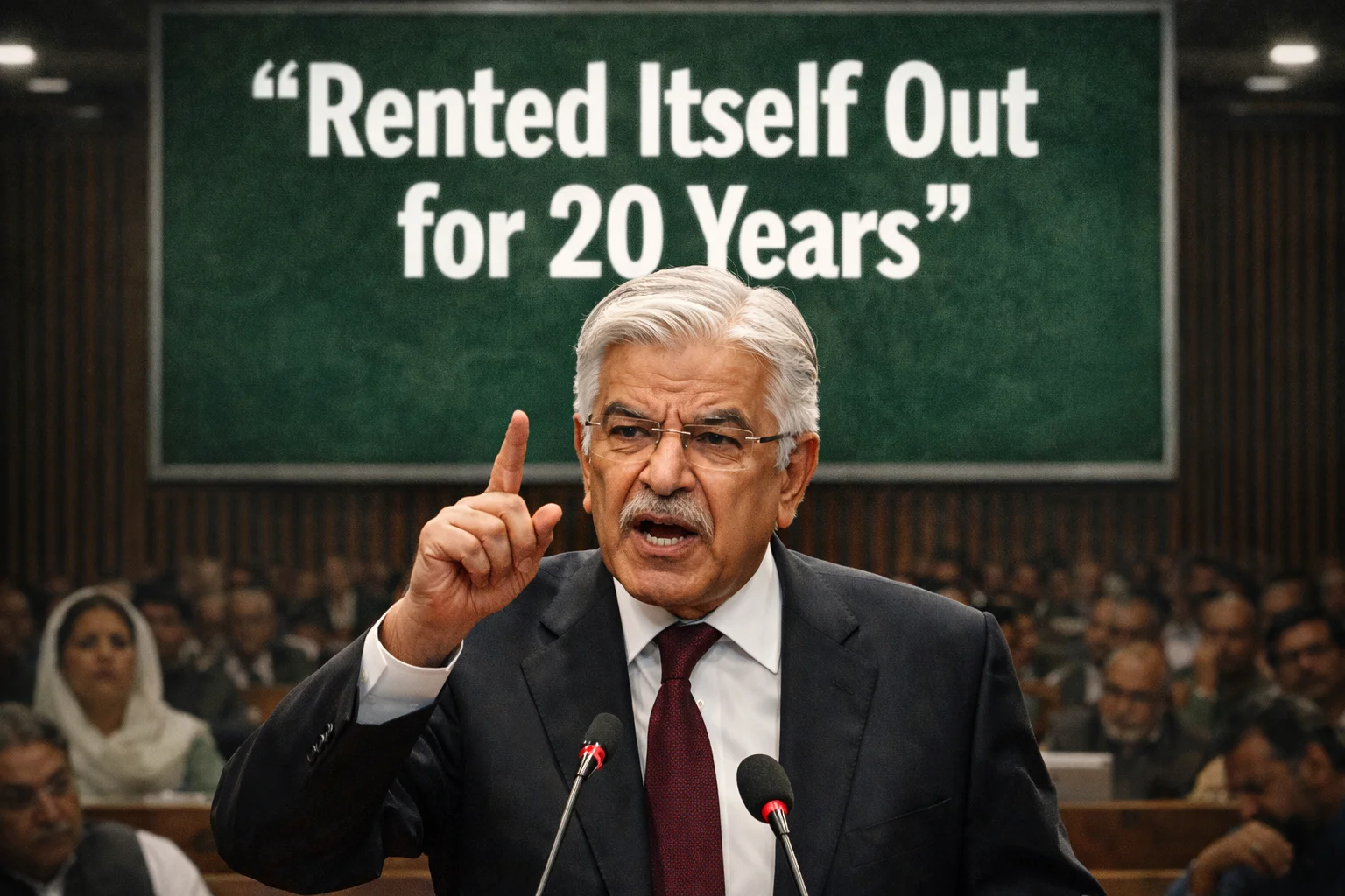 Close-up of Khawaja Asif delivering toilet paper statement admitting Pakistan rented itself out to the United States for 20 years
