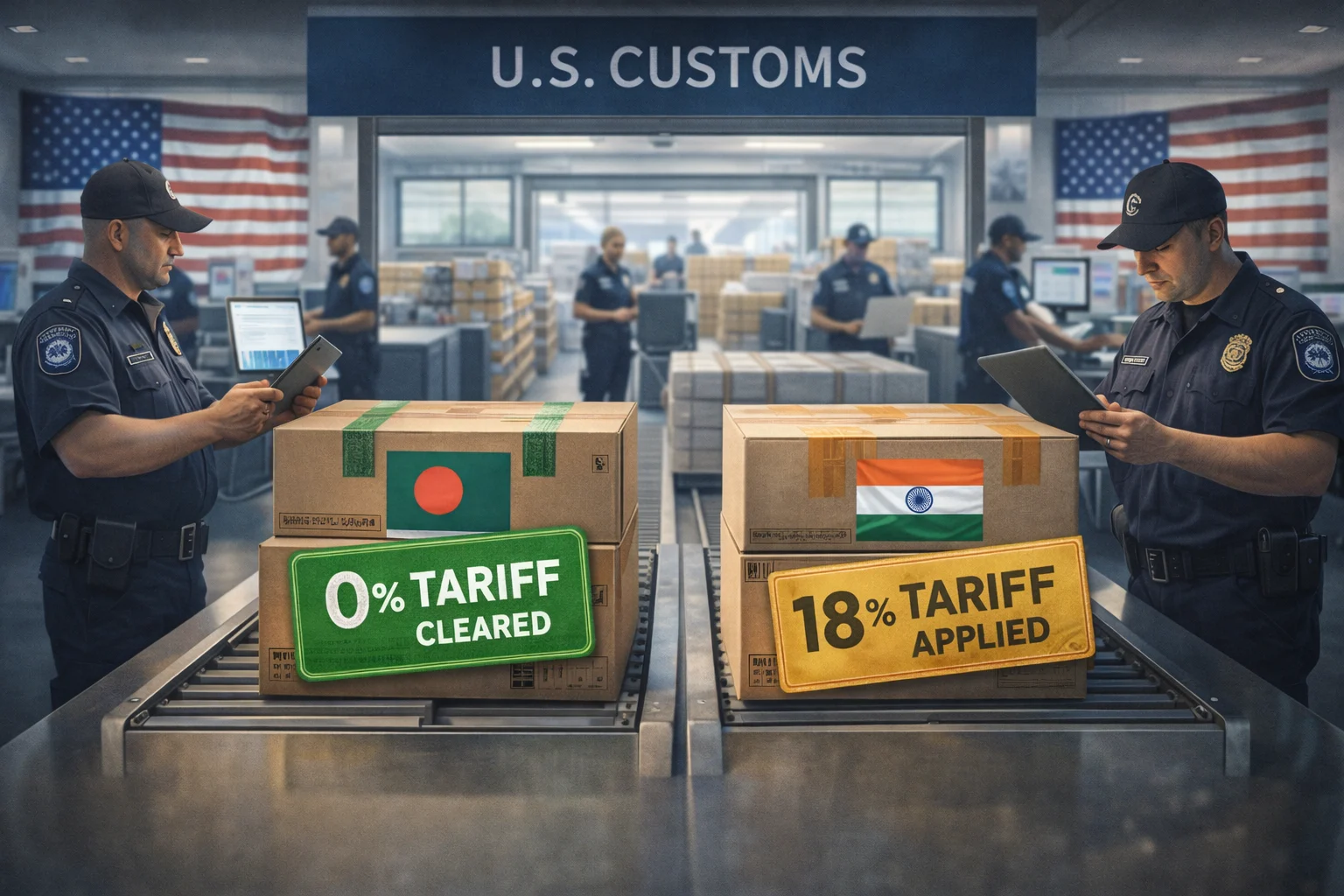 US customs clearance showing Bangladeshi garment exports approved at zero tariff while Indian textile shipments face 18 percent US tariff under trade rules