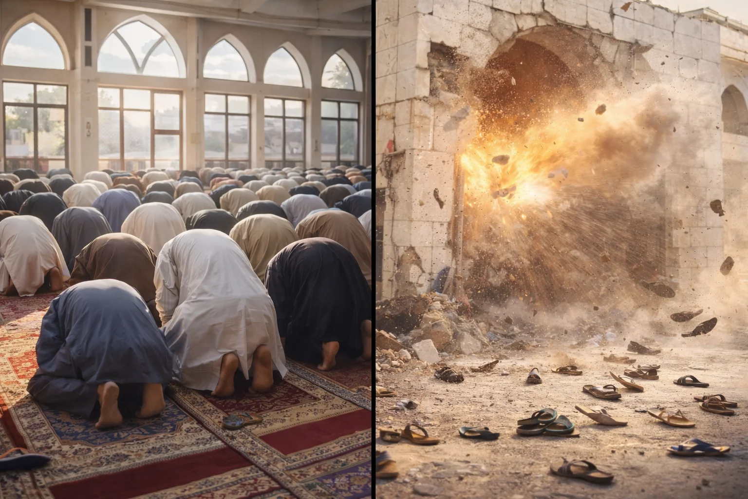 What Happened in the Islamabad Mosque Blast Islamabad mosque blast reconstruction showing worshippers during prayer and the moment of a suicide explosion at the mosque entrance