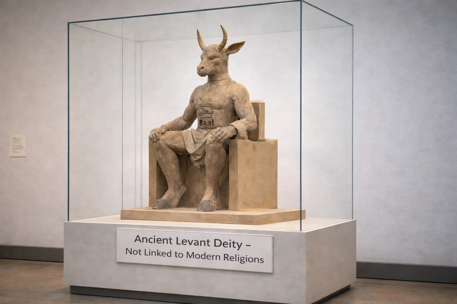 Ancient Baal statue display explaining its history amid Iran protest symbolism debate.