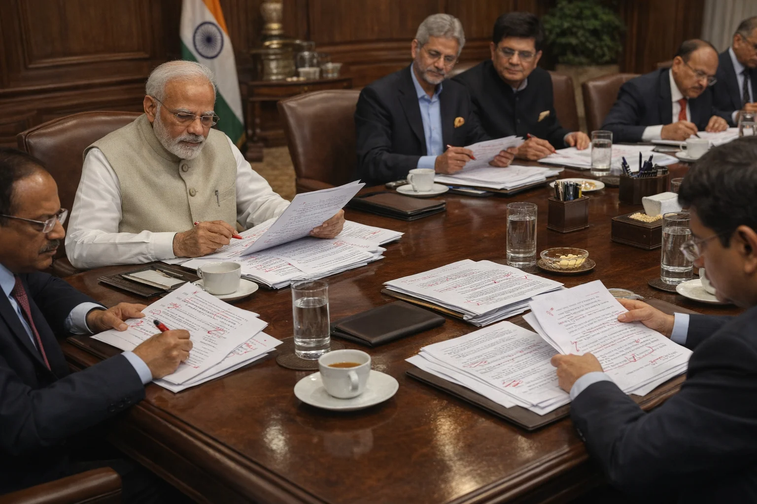 US India trade deal controversy closed door meeting showing Indian diplomats and PM Narender Modi reviewing revised trade agreement calmly