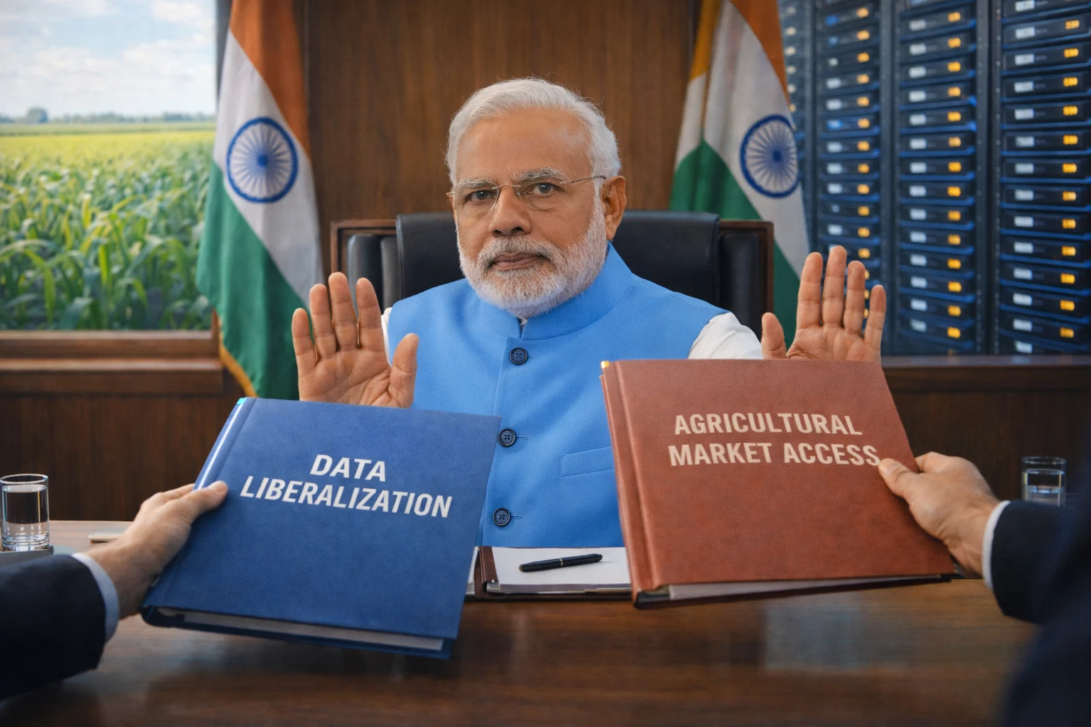 Indian policymakers and Prime Minister Narender Modi rejecting data liberalization and agricultural market access to protect sovereignty despite higher textile tariffs in US trade