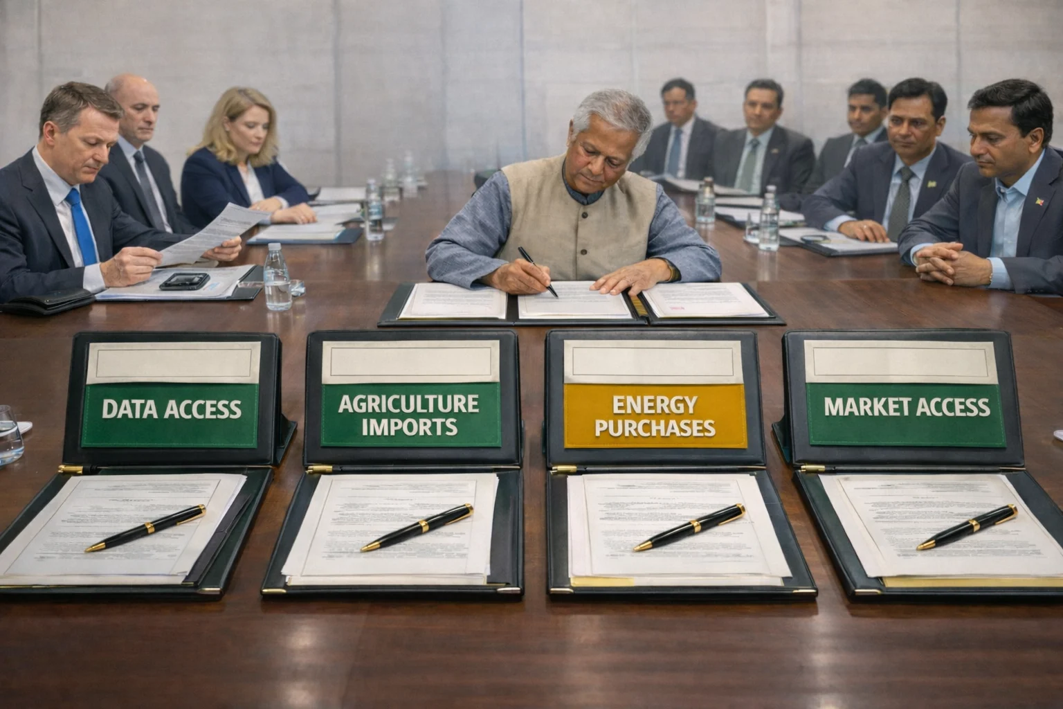 Bangladesh PM Mohammed Yunus signing multiple trade commitments with the United States covering data access agriculture energy and market entry under the textile agreement