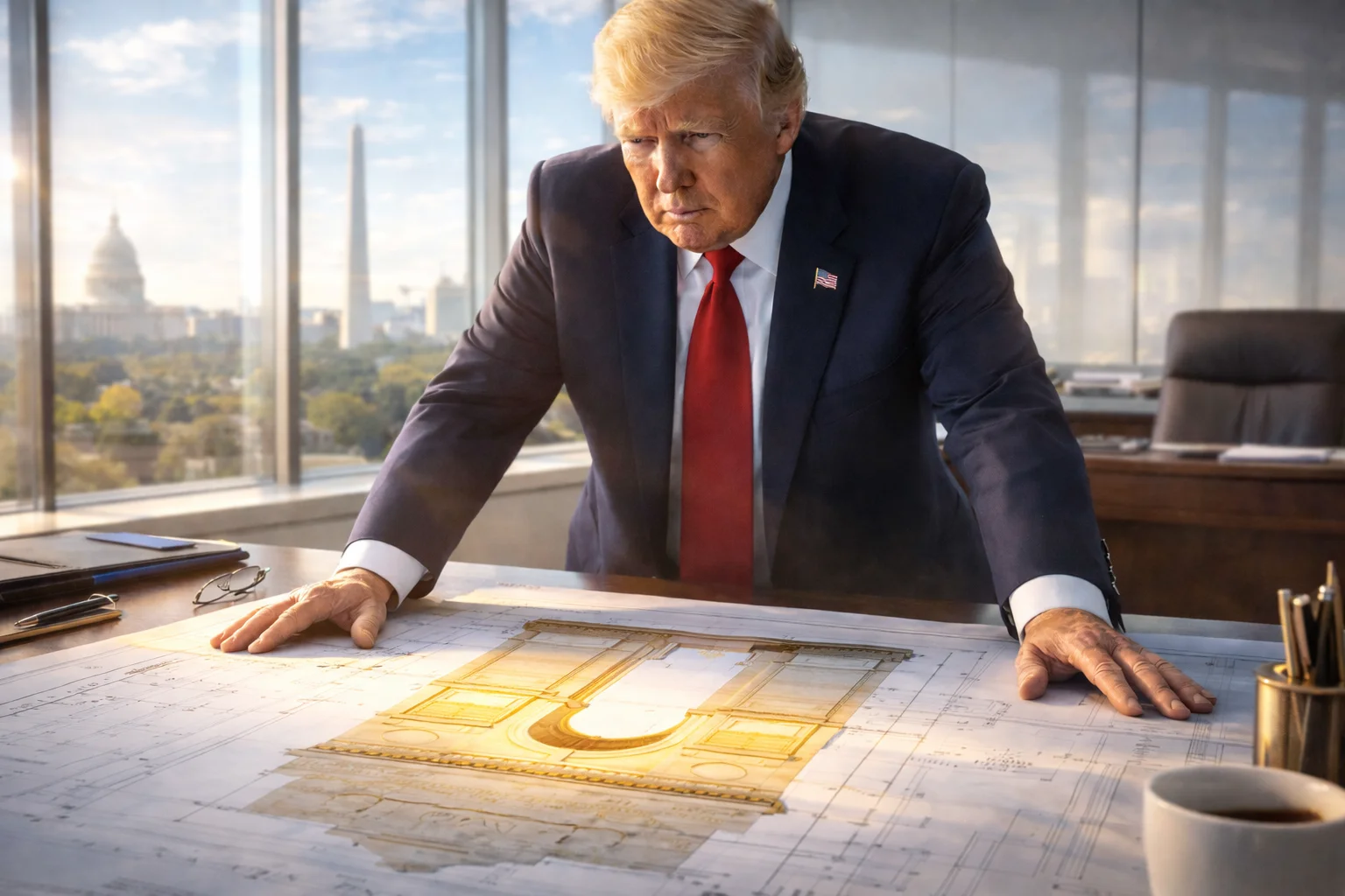 Donald Trump examining a grand monument blueprint symbolizing power, legacy, and political pressure