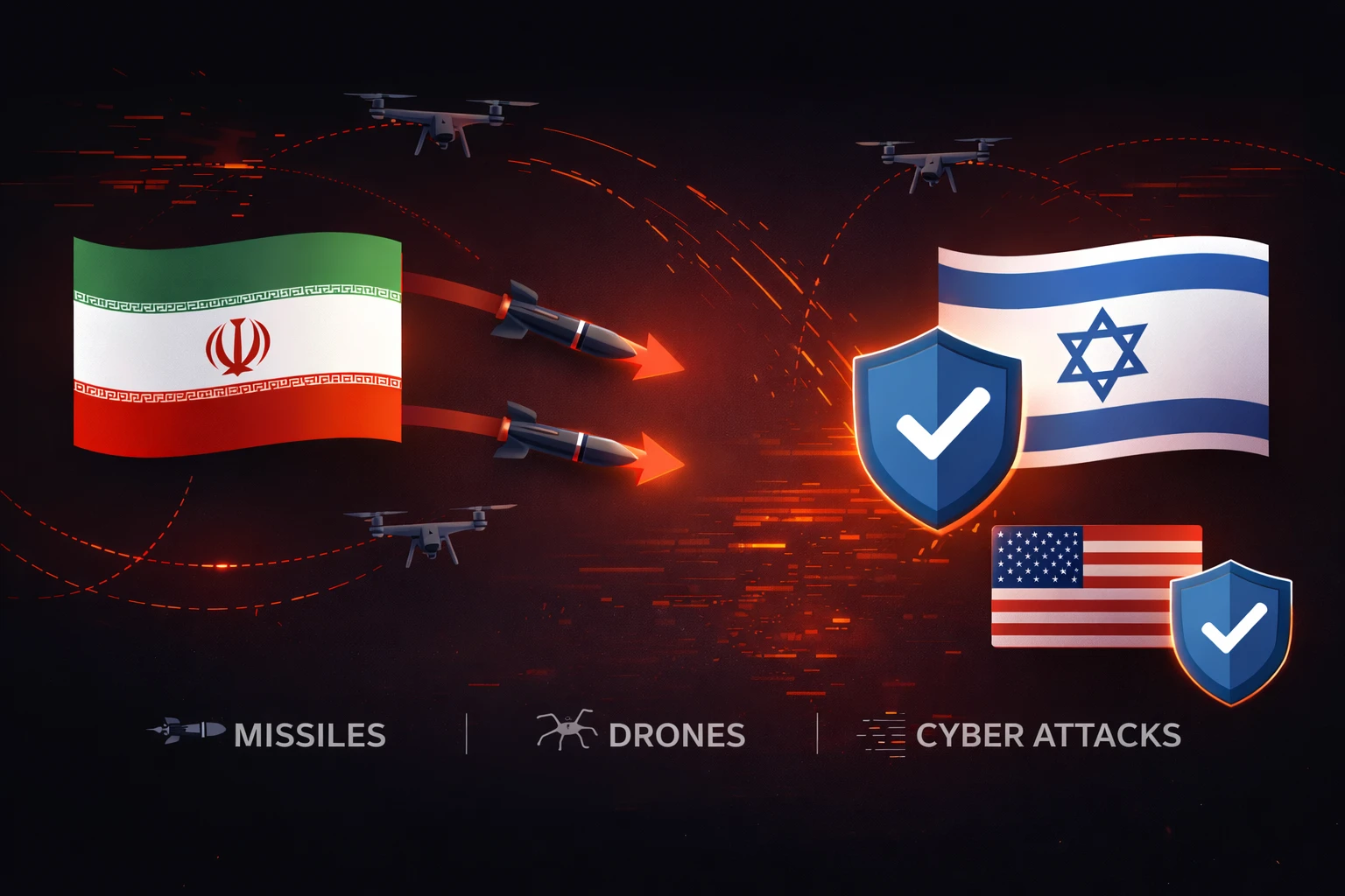 Iran retaliation infographic showing missile, drone and cyber attack threats during Israel US attack on Iran