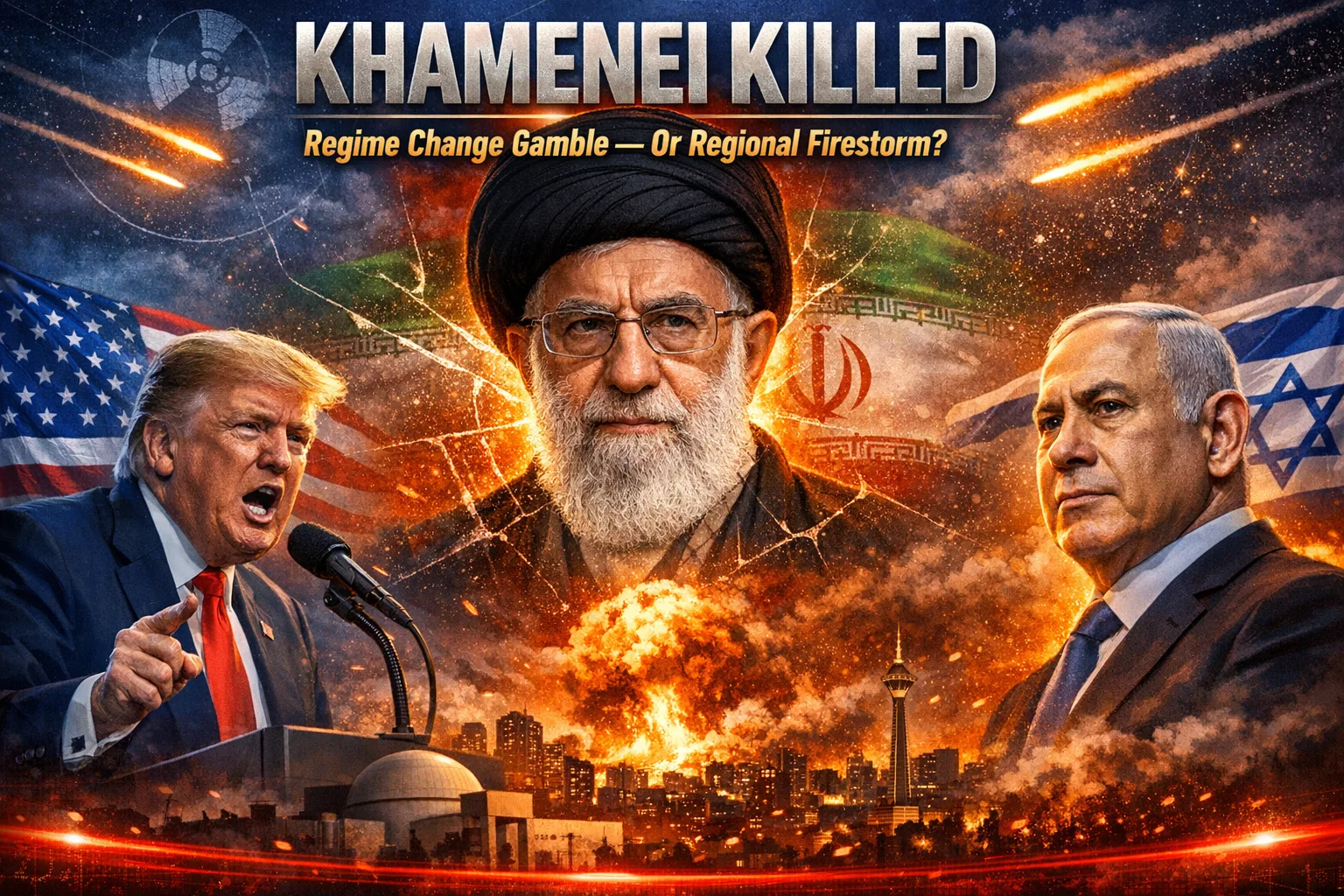Ayatollah Ali Khamenei killed announcement featuring Trump and Netanyahu amid Iran escalation.