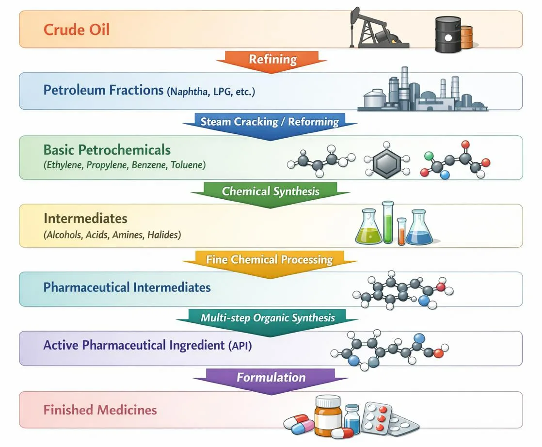 crude-oil-to-api-medicine-production-process Process showing how crude oil is converted into petrochemicals and active pharmaceutical ingredients used in medicine production