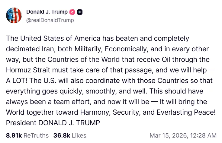 Screenshot of Donald Trump Truth Social post claiming Iran has been defeated militarily during the Strait of Hormuz crisis and urging global support to secure the oil route

