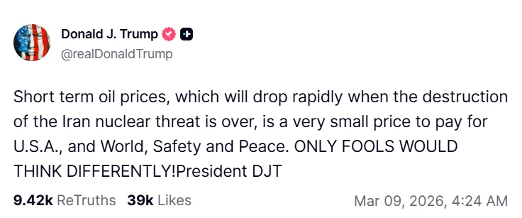 Screenshot of Donald Trump Truth Social post saying oil prices are temporary during debate over India Russian oil purchase and global oil price surge