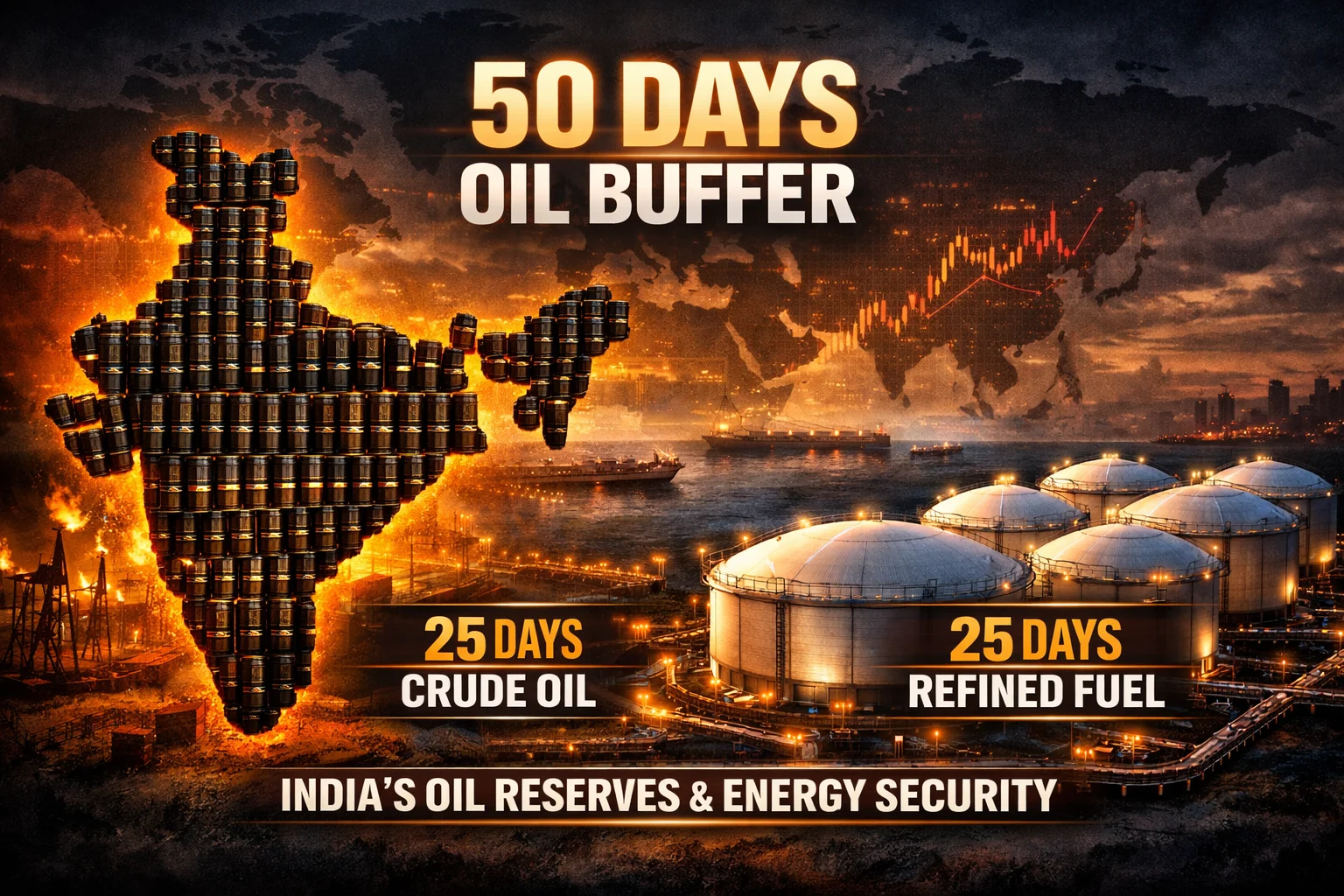 India oil reserves map showing 50 days energy buffer including 25 days crude oil and 25 days refined fuel

