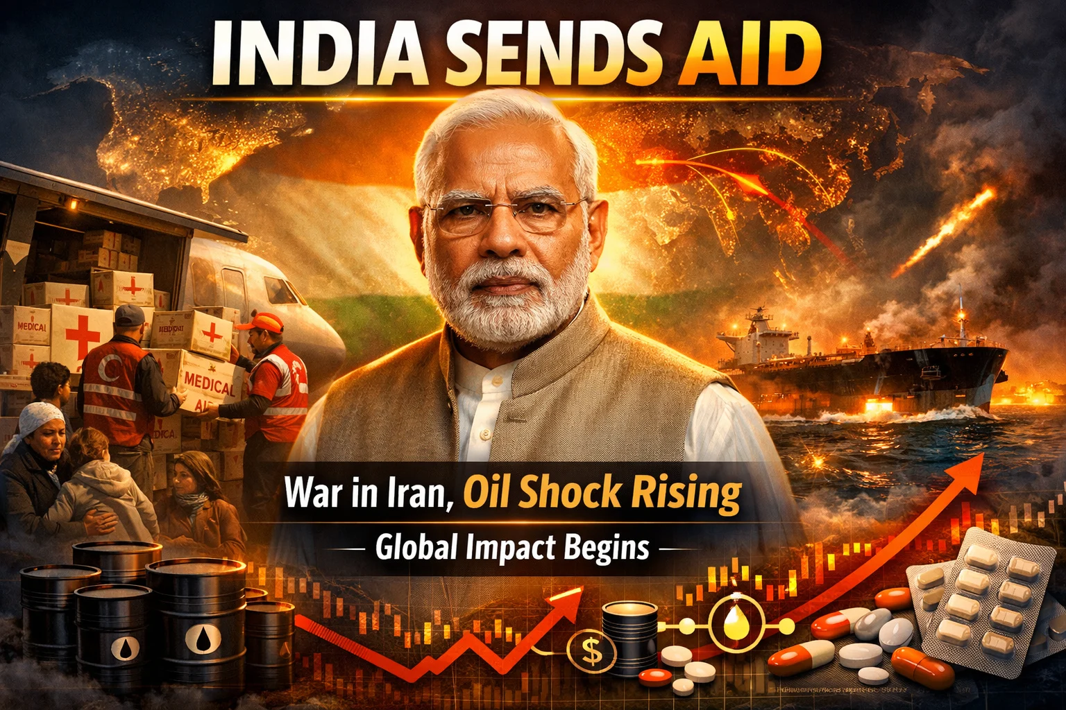 India sends aid to Iran showing medical supplies delivered during war alongside rising oil prices and global economic impact