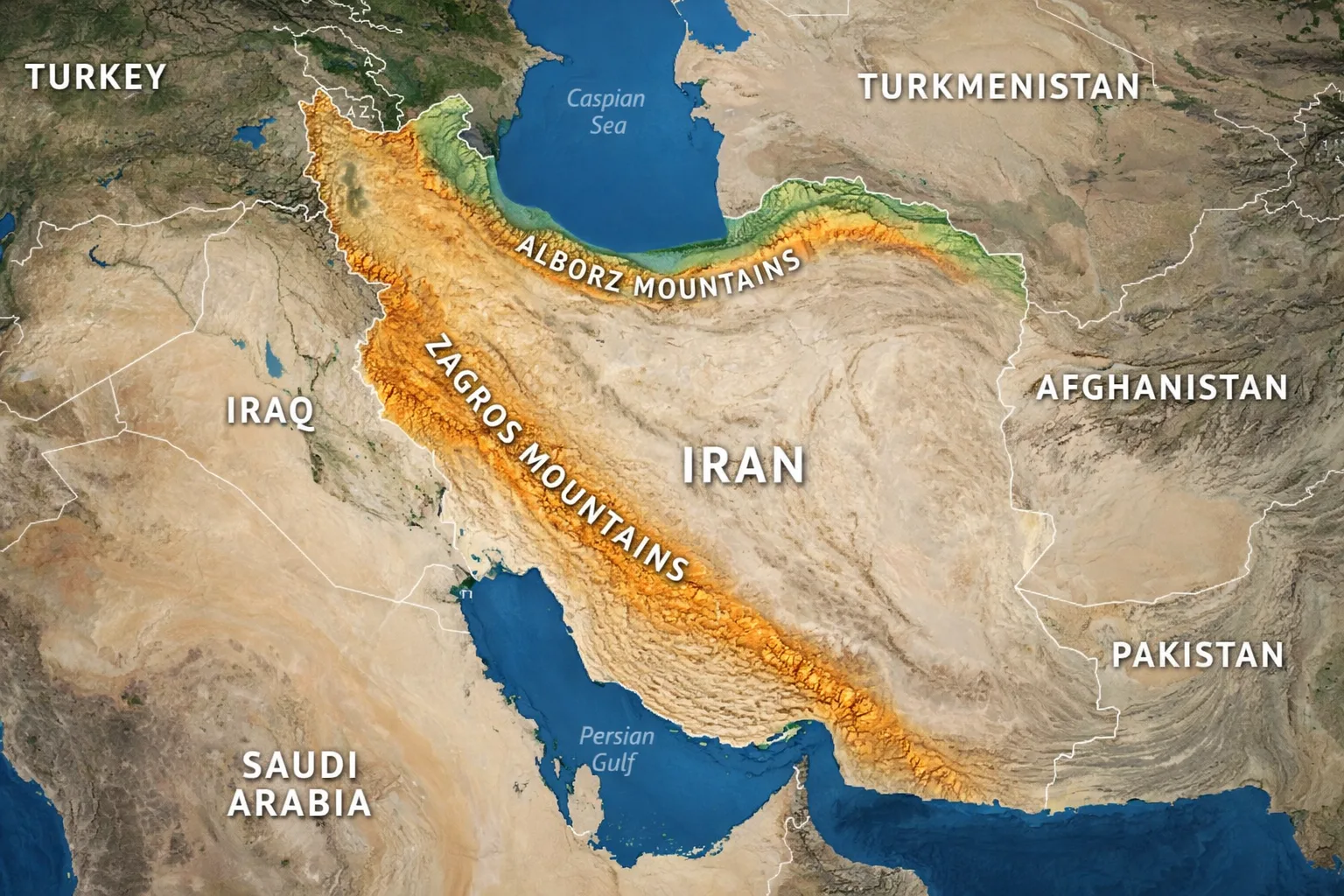 Geographical map of Iran showing Zagros Mountains and Alborz Mountains which act as natural barriers against large scale invasions
