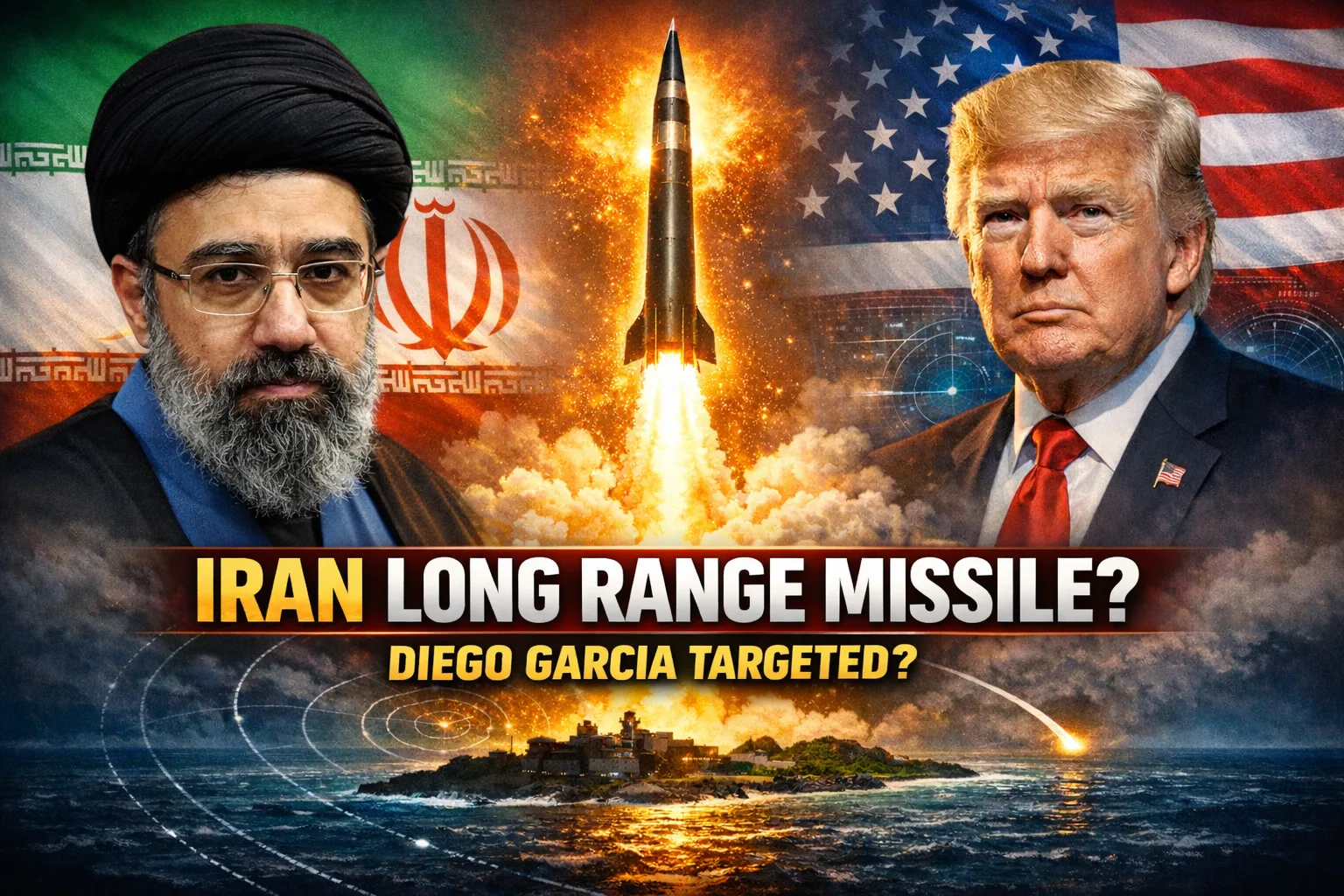 Iran long range missile capability showing ballistic missile launch with Diego Garcia target context and rising US Iran geopolitical tensions