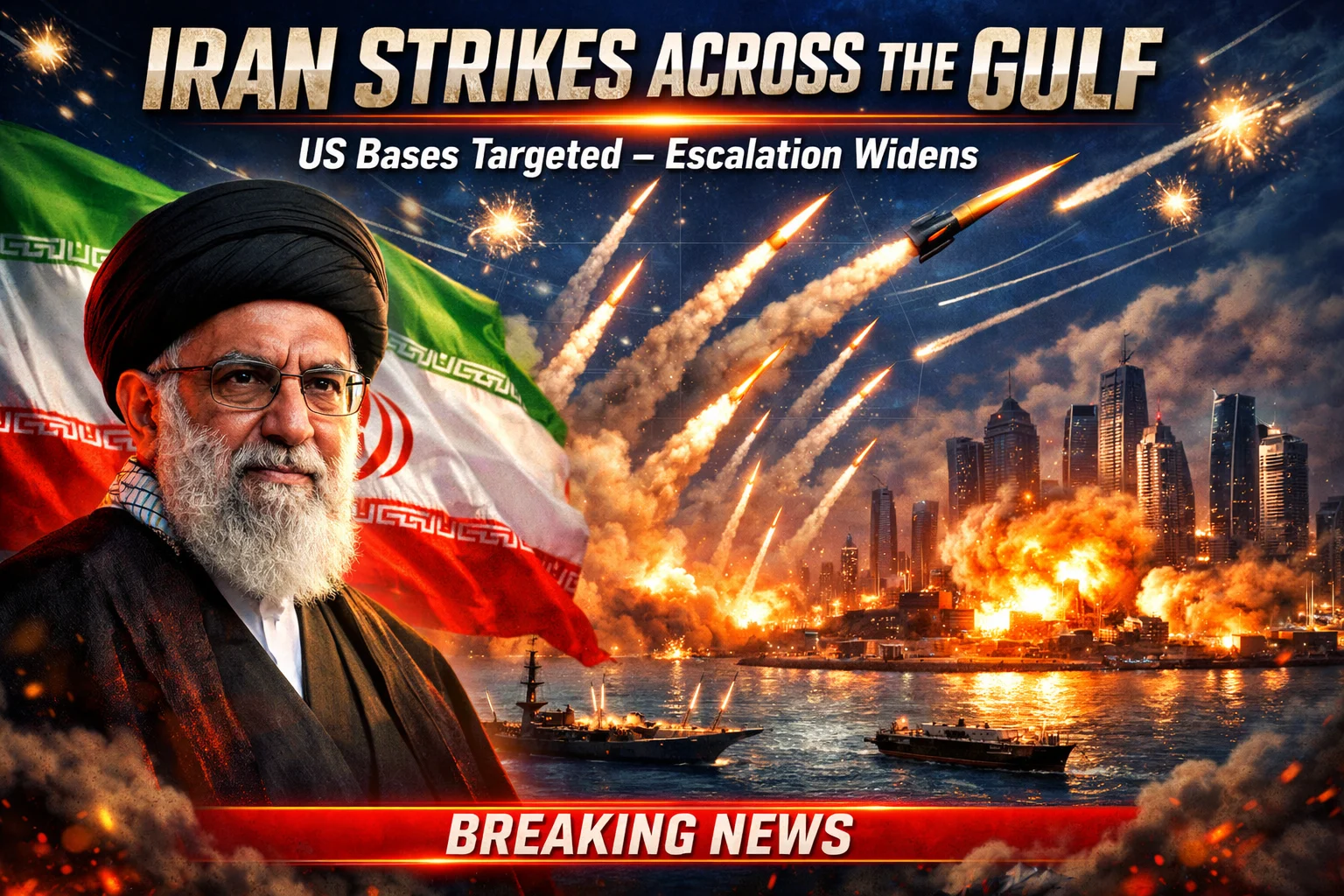 Iran missile strikes Middle East showing Khamenei, Gulf missile attacks and US carrier escalation risk.