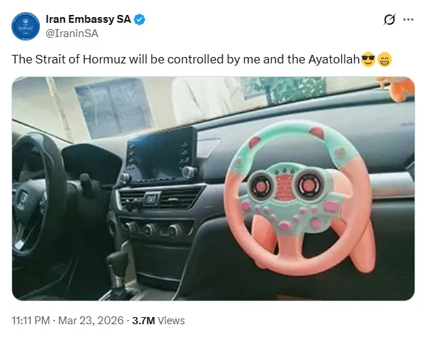 iran-mocks-trump-hormuz-tweet-screenshot US losing Iran war narrative as Iran mocks Trump in viral X post about Strait of Hormuz control and shifting global power perception
