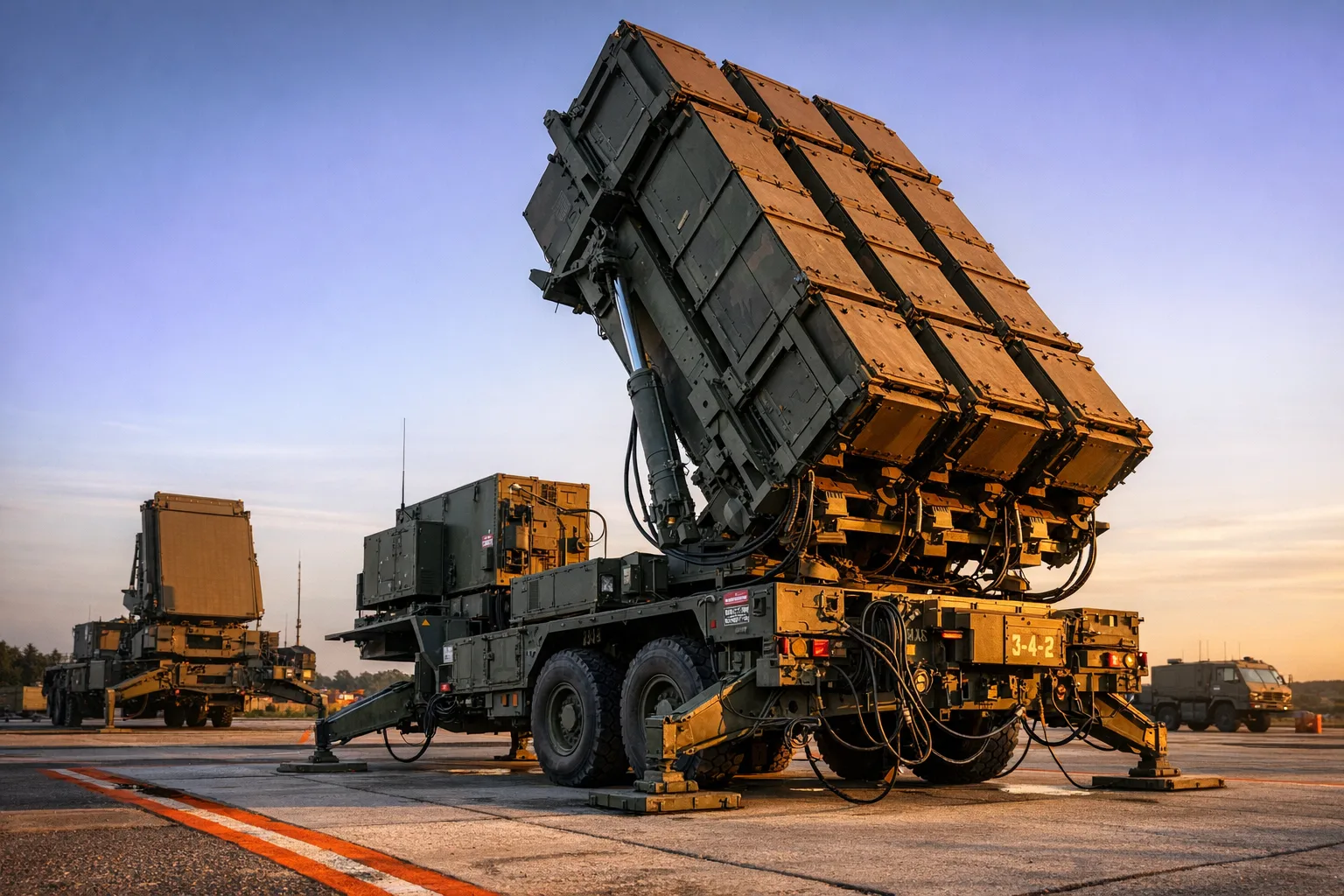 MIM-104 Patriot air defense missile system launcher used for long-range air defense.