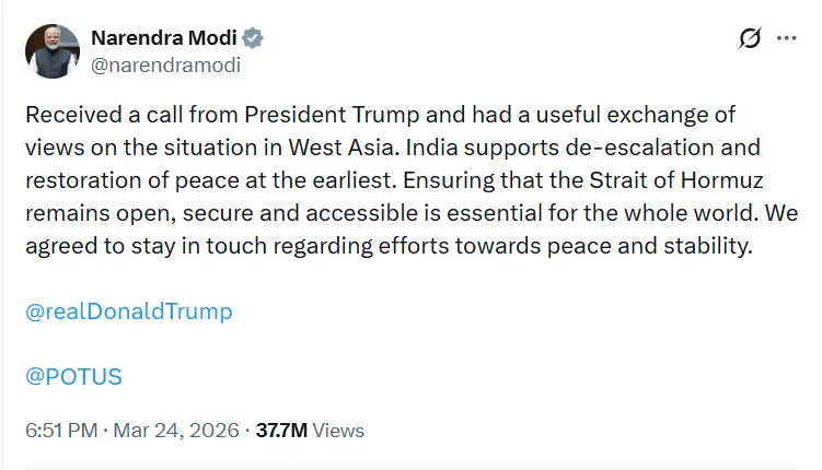 modi-trump-call-iran-war-hormuz-tweet India role in Iran war highlighted by PM Modi X post about call with Trump discussing Strait of Hormuz crisis and peace efforts