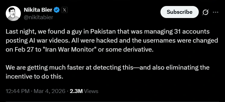 Screenshot of Nikita Bier X post revealing 31 Pakistan-linked accounts posting AI war videos during Iran Gulf conflict misinformation campaign.