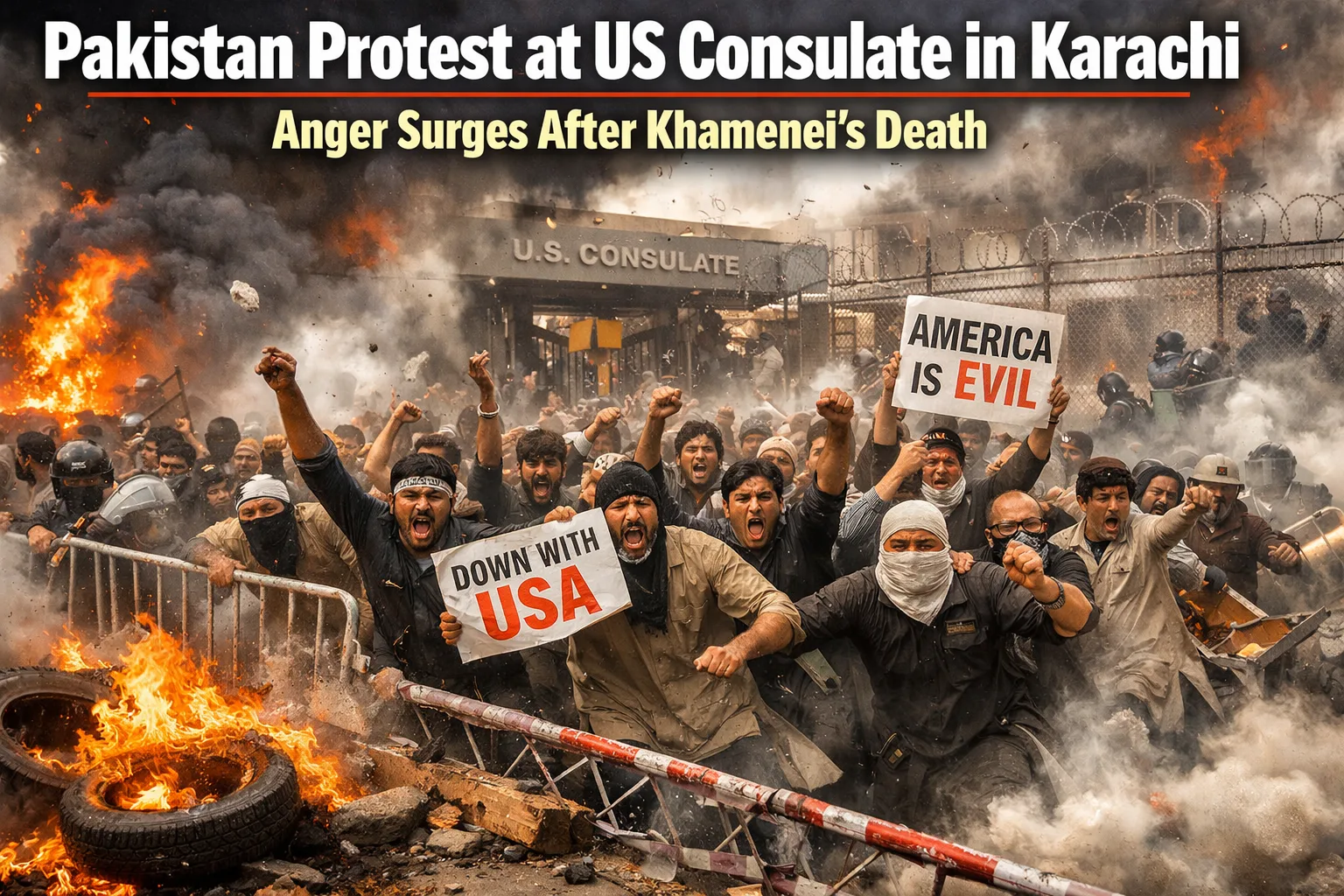 Pakistan Protests at US Embassy in Karachi after Iran Supreme Leader Khamenei Killed in US Israel Strike on Iran