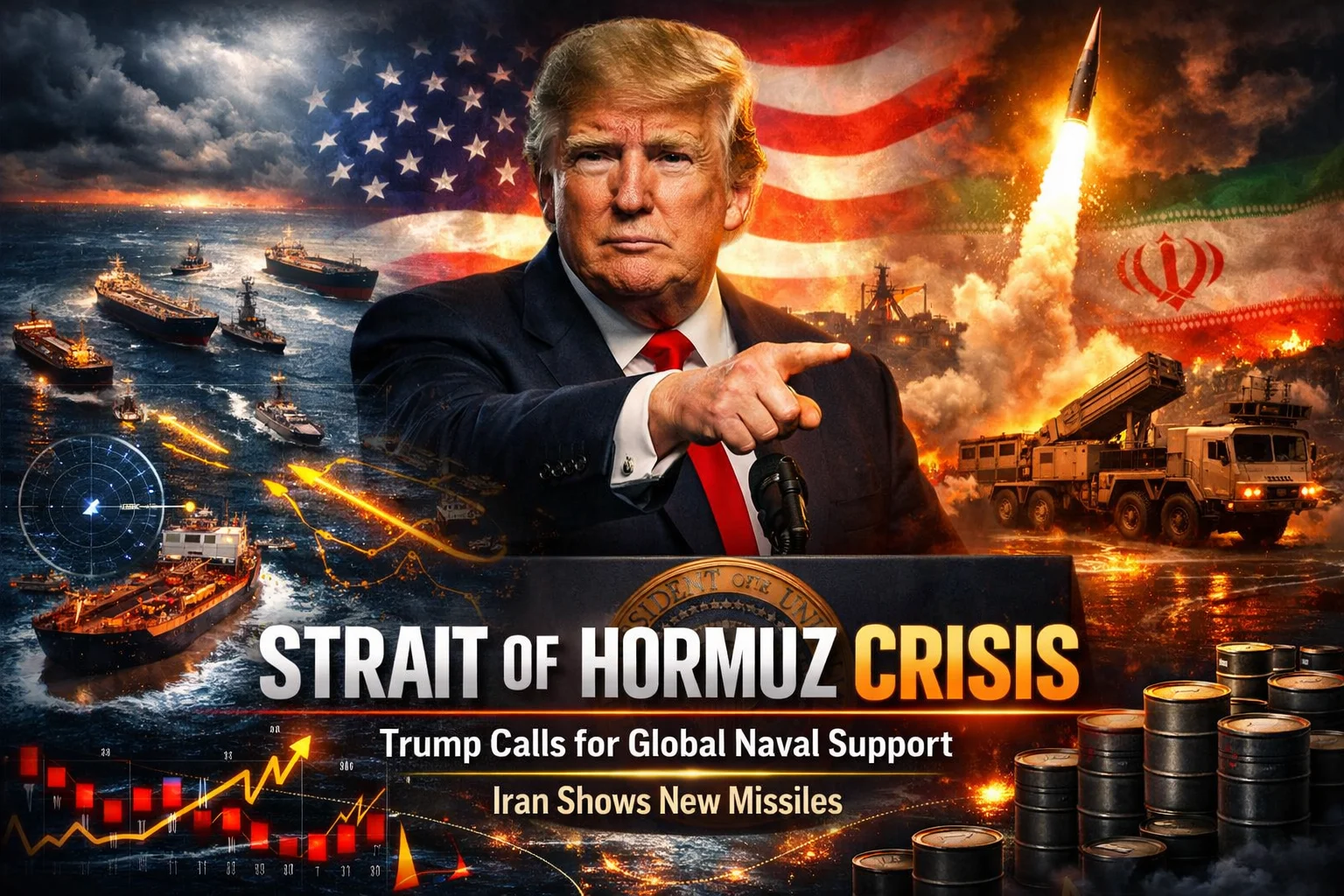 Donald Trump calls for global naval support during Strait of Hormuz crisis as Iran demonstrates missile capability near key oil shipping route