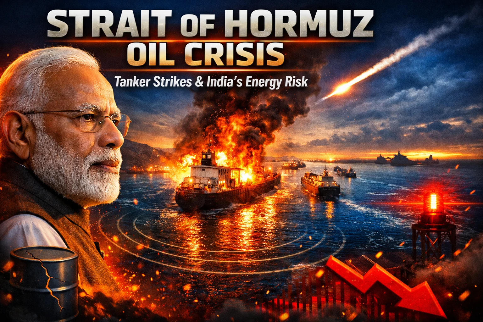 Narender Modi amid Strait of Hormuz oil crisis as burning tanker and missile strike signal India Energy Risk.