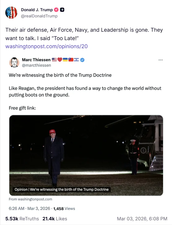 trump-truth-social-iran-too-late-talks-post Screenshot of Donald Trump Truth Social post saying Iran air defense, air force, navy and leadership are gone and talks are too late