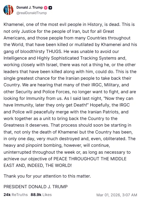 Donald Trump Truth Social post claiming Ayatollah Ali Khamenei killed following US–Israel strike.