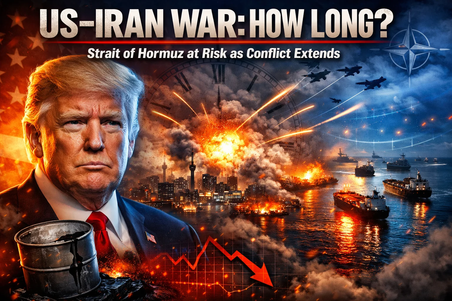 US Iran war duration analysis with Donald Trump and Strait of Hormuz escalation risk.
