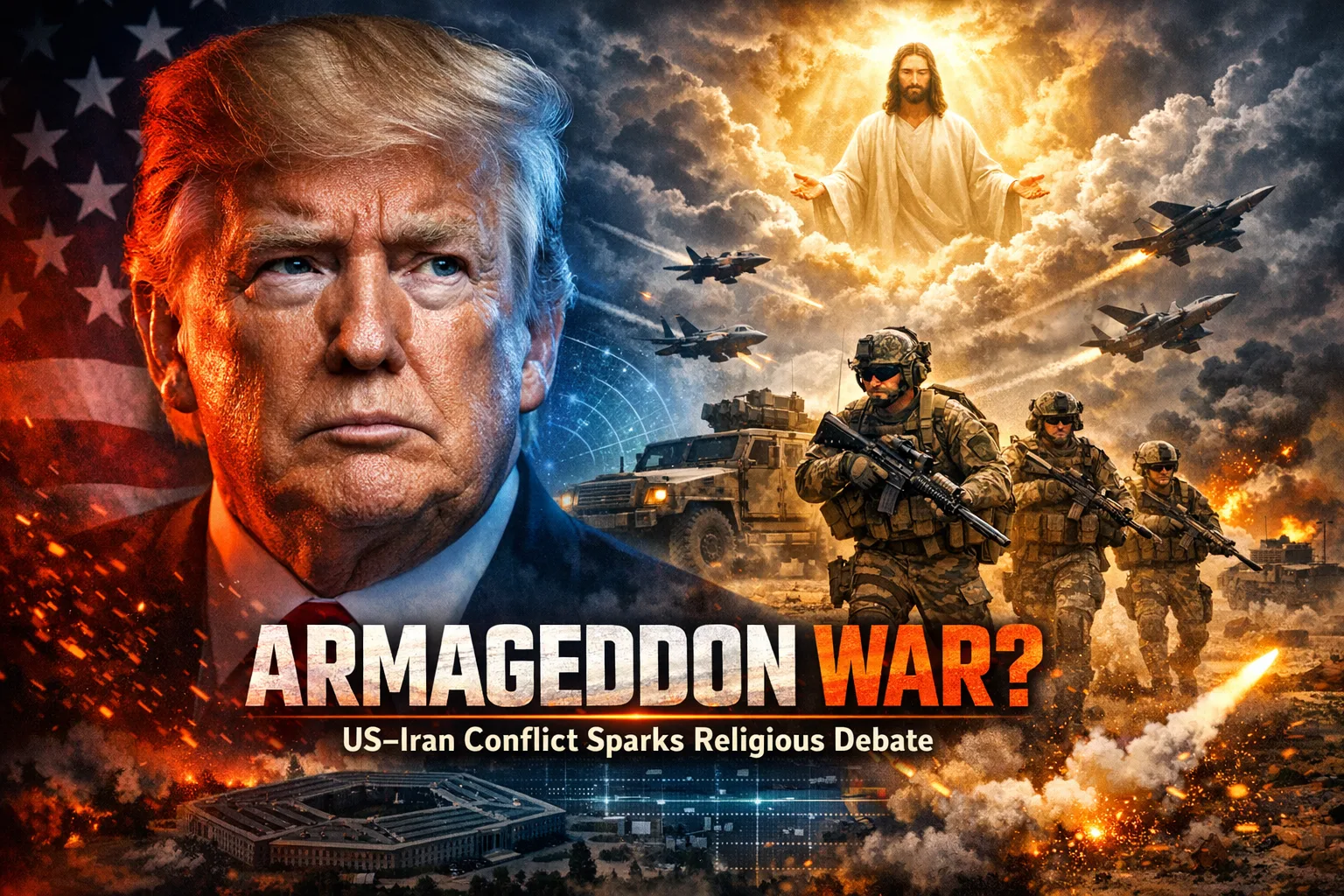 US Iran war religious narrative debate showing Donald Trump and US troops amid Armageddon prophecy controversy.