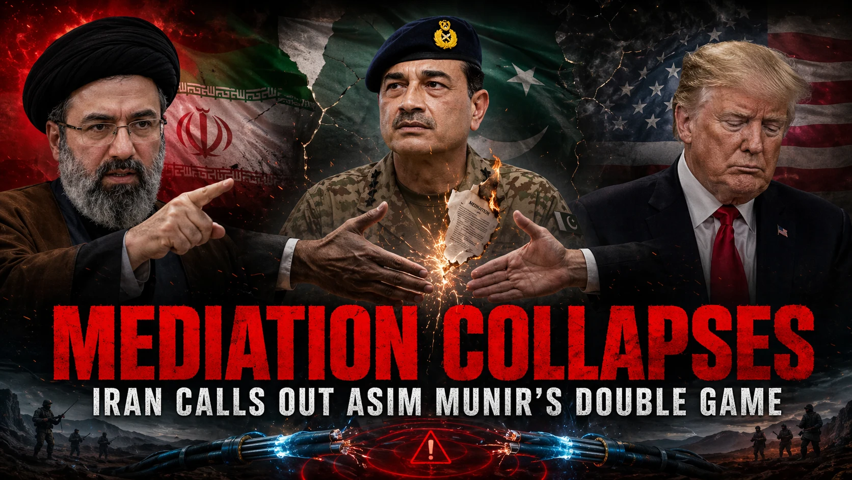 Asim Munir US Iran Mediation collapse analysis: A visual representation of the trust deficit between Asim Munir, Iranian leadership(Mojtaba Khamenei), and Donald Trump.