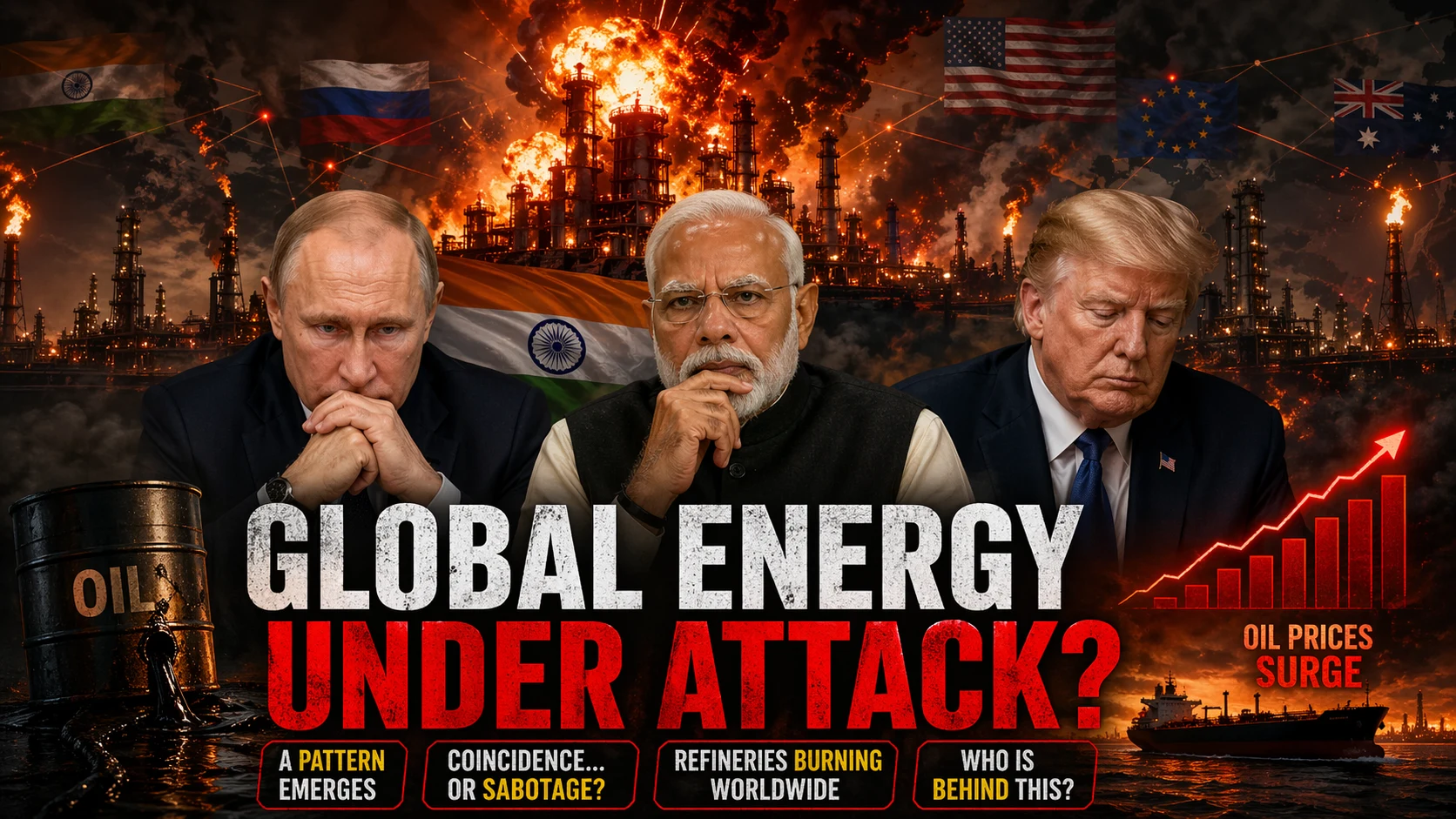 Global energy infrastructure sabotage analysis featuring Narendra Modi, Vladimir Putin, and Donald Trump reacting to refinery fires in April 2026.