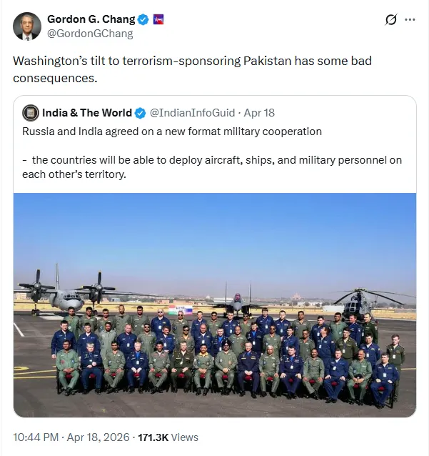 Gordon G. Chang’s X post analysis of the India Russia RELOS Pact a bad consequence of the U.S. tilt toward Pakistan.
