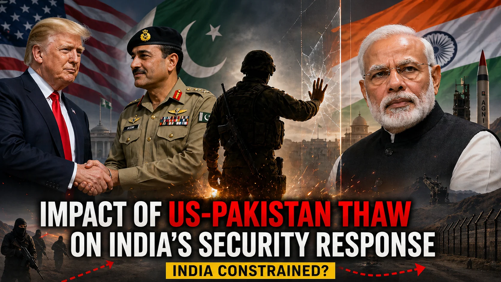 A cinematic visualization illustrating the impact of US Pakistan thaw on India security response featuring Prime Minister Modi, Donald Trump, and Field Marshal Asim Munir.