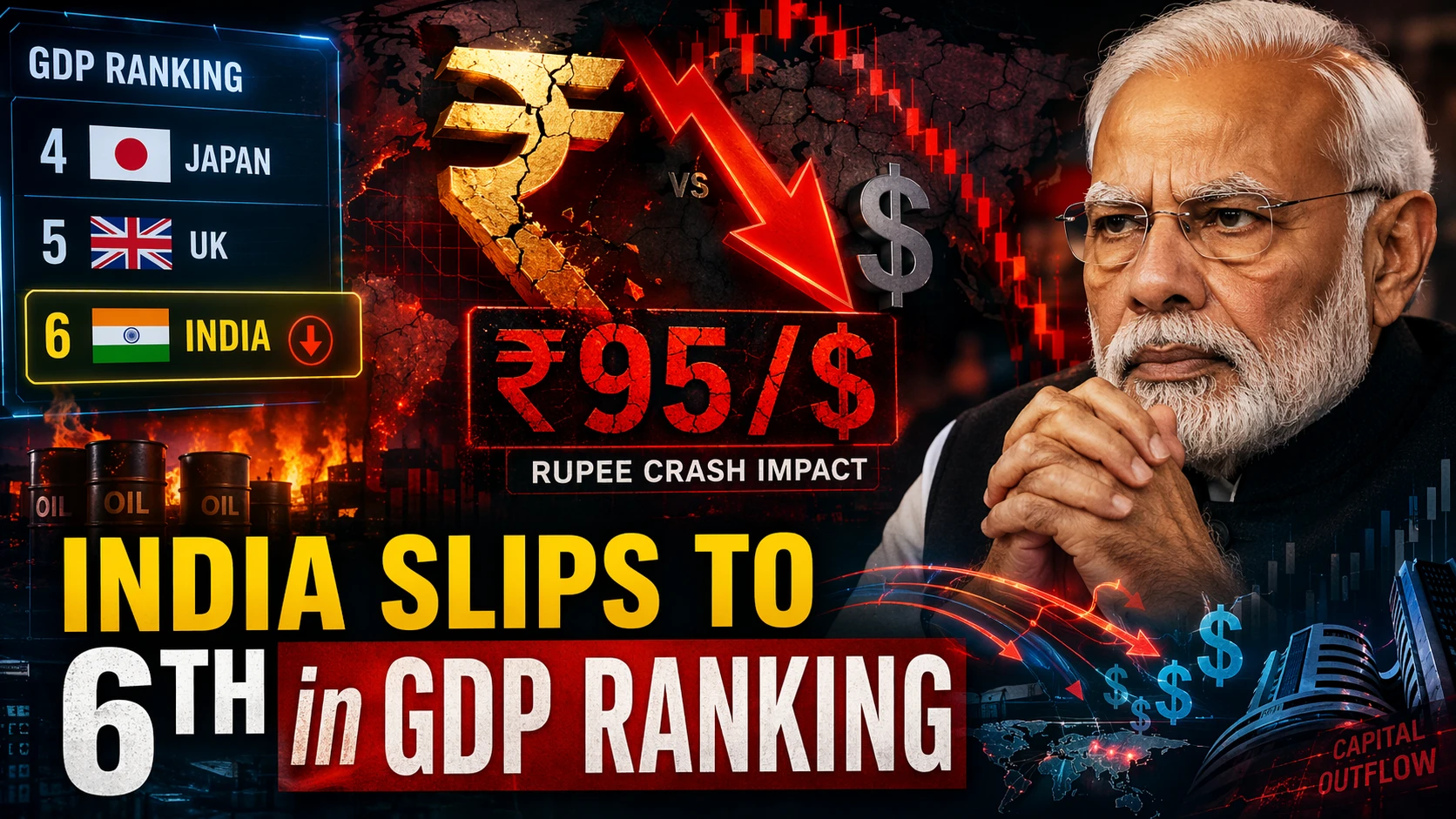 India 6th largest economy IMF 2026 ranking shift: Visual of Rupee falling to 95 per dollar and global GDP leaderboard.