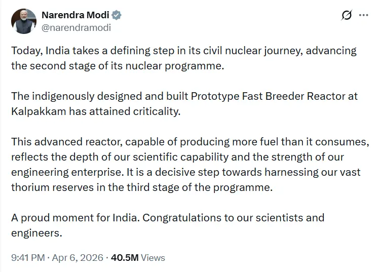 India fast breeder reactor milestone confirmed by PM Modi as Kalpakkam PFBR achieves criticality advancing India nuclear program
