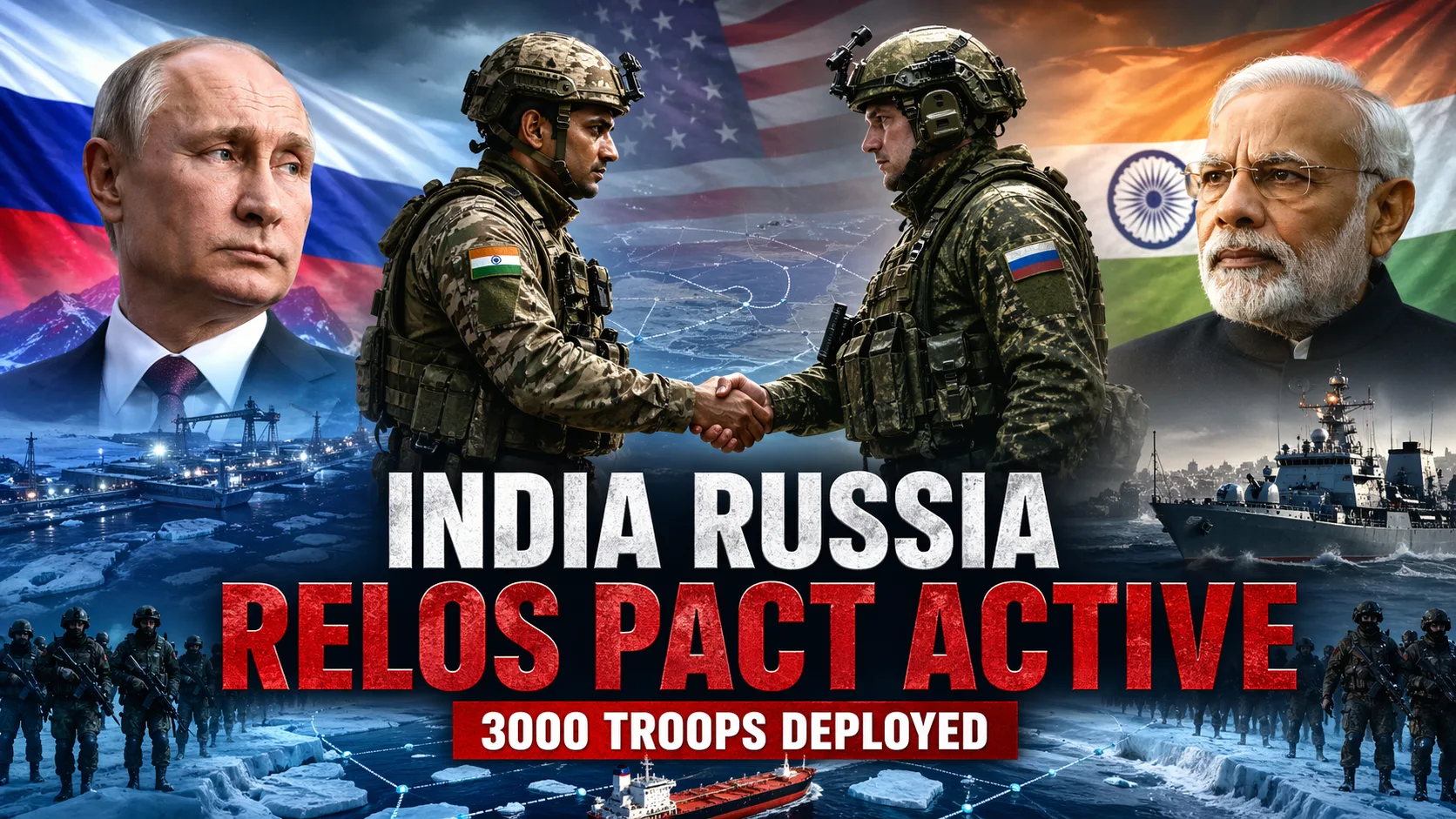 India Russia RELOS Pact active: A cinematic depiction of Prime Minister Narendra Modi and President Vladimir Putin signaling the stationing of 3,000 troops and Arctic naval access.