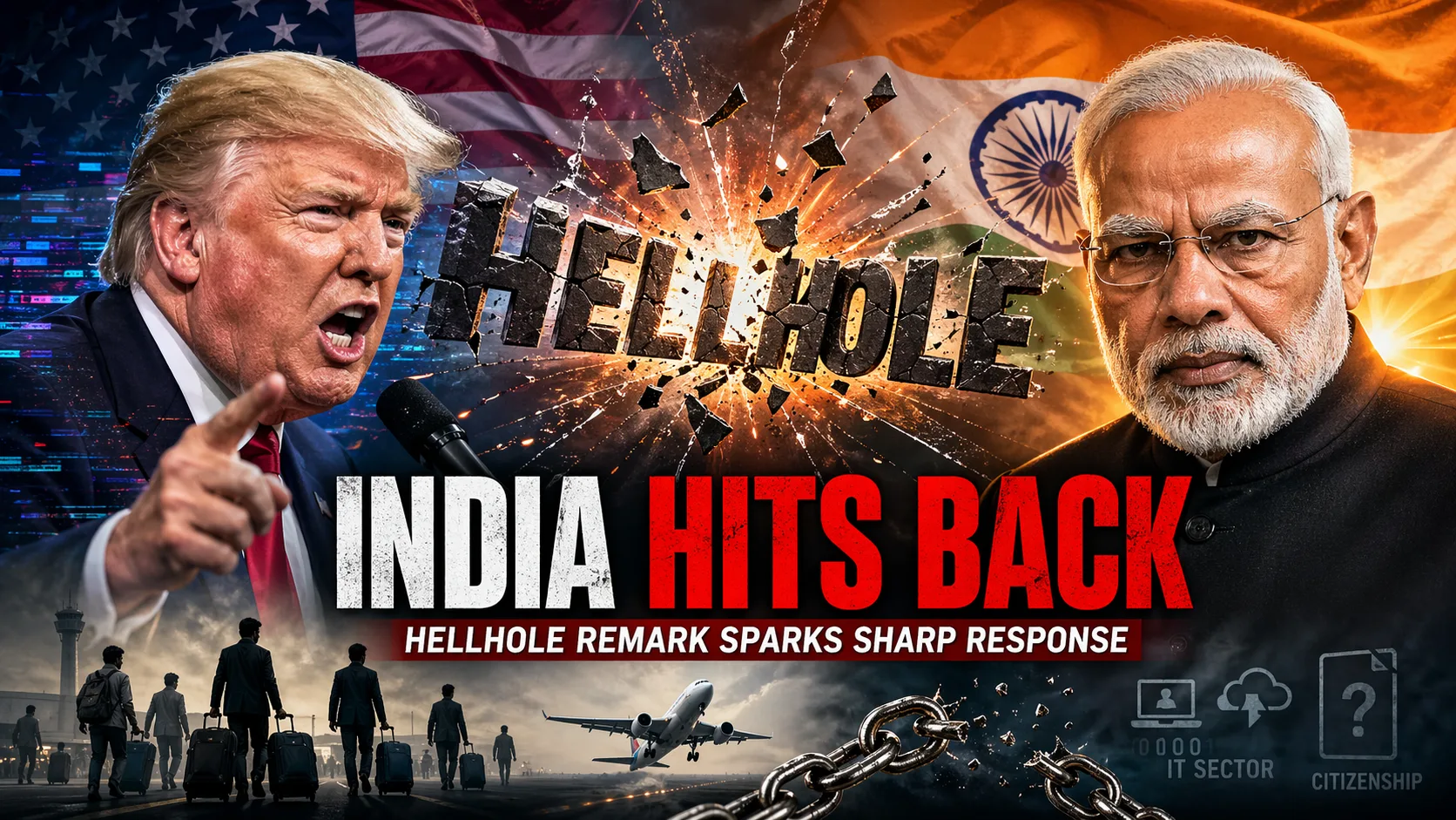 India slams Trump hellhole remark: A cinematic representation of PM Narendra Modi’s assertive response to Donald Trump’s amplified derogatory comments and the impact on the Indian diaspora.