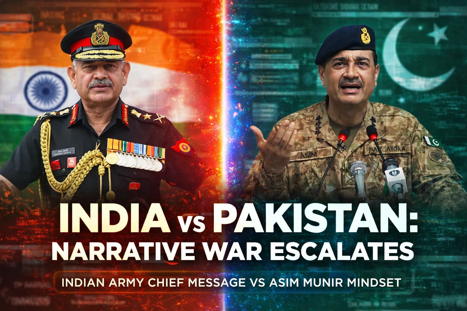 India vs Pakistan narrative warfare showing contrast between Asim Munir’s ideological stance and Indian Army Chief Gen Upendra Dwivedi's strategic message in modern information warfare