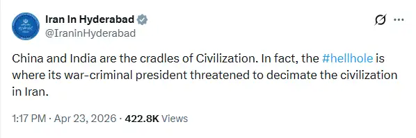 Iranian Consulate General Hyderabad X post defending India and China against the Trump Hellhole Remark on India and China and slamming US "war criminal" rhetoric.