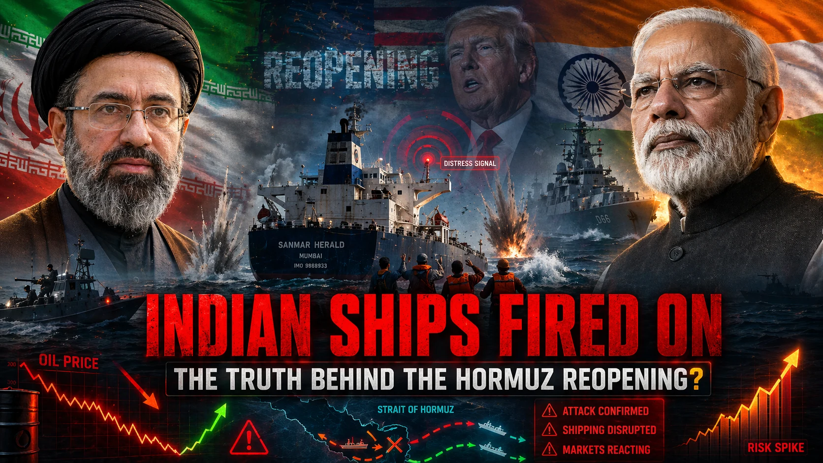 Cinematic editorial visualization of the Iranian Attack on Indian Ships in the Strait of Hormuz featuring Narendra Modi, Mojtaba Khamenei and Donald Trump