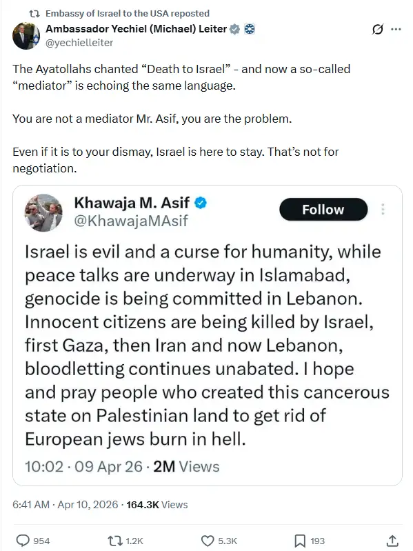 Pakistan calls India & Israel enemies as Israel ambassador criticizes Pakistan and its defense minister khawaja asif and rejects its role in diplomacy