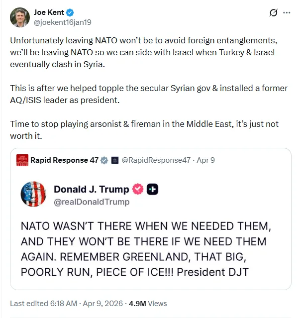Screenshot of an X post by Joe Kent explaining the Trump NATO Exit and Israel-Turkey Strategic Conflict as a repositioning to support Israel in Syria.
