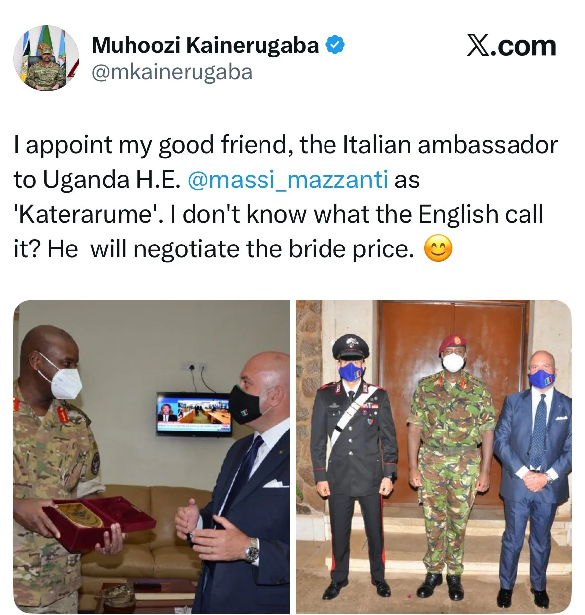Uganda Army Chief Muhoozi Kainerugaba tweet appointing Italian ambassador to negotiate bride price during viral controversy