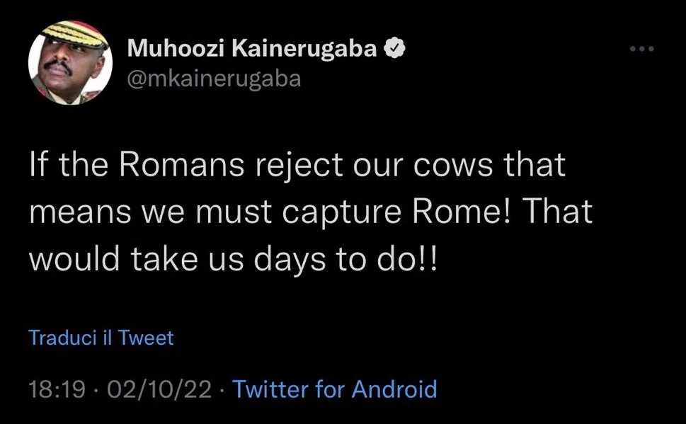Uganda Army Chief Muhoozi Kainerugaba tweet threatening to capture Rome after controversial demands
