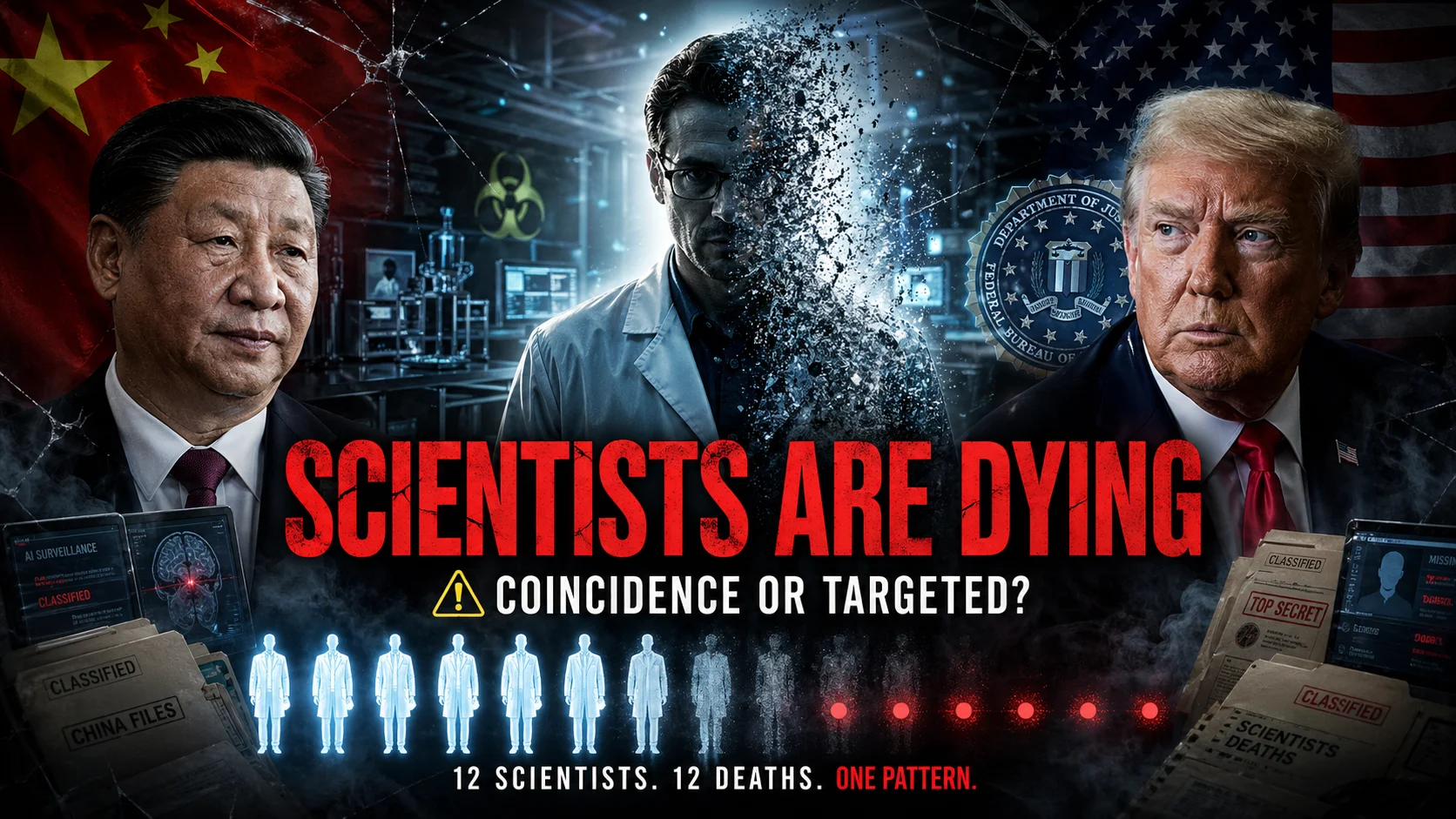 A cinematic visual depicting the mysterious deaths of US and Chinese scientists featuring Donald Trump, Xi Jinping, and a dissolving researcher.
