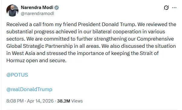 Narendra Modi X post about call with Donald Trump discussing bilateral ties and global strategic partnership and importance of keeping Strait of Hormuz open and secure
