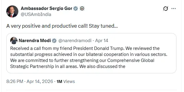 US Ambassador to India Sergio Gor X reply saying stay tuned on Narendra Modi post about call with Donald Trump discussing bilateral ties and strengthening global strategic partnership and Strait of Hormuz security
