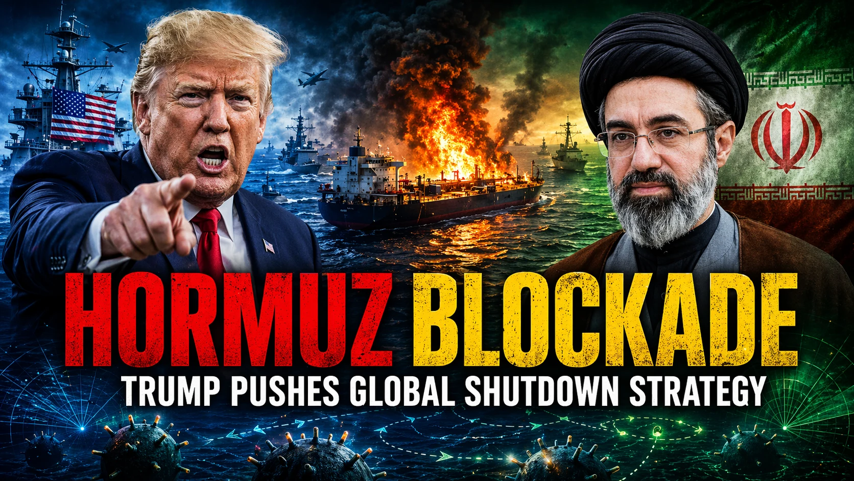 Strait of Hormuz blockade announced by Donald Trump disrupting global oil supply with tanker ships and rising US Iran tensions