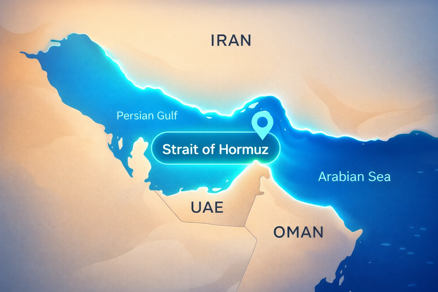 Map showing Strait of Hormuz location between Iran, UAE, and Oman connecting the Persian Gulf to the Arabian Sea
