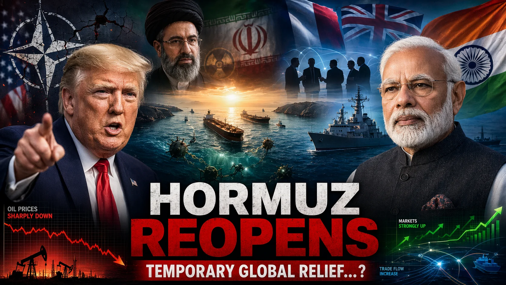 Editorial visualization of the Strait of Hormuz Reopening & India Strategic Role featuring Narendra Modi, Donald Trump, and the Paris Summit.